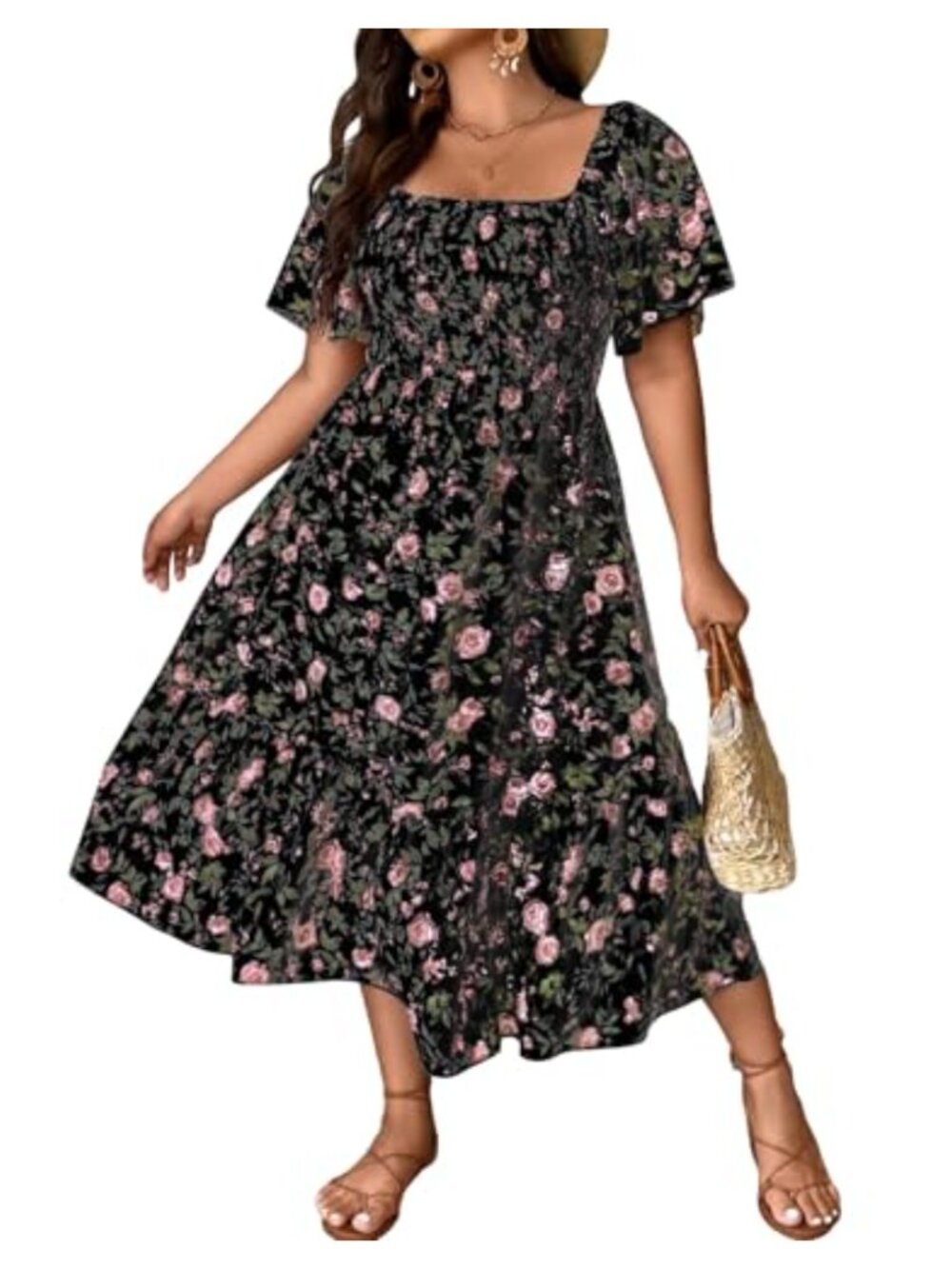 Plus Size Floral Print Tie Front Square Neck Slit Hem Midi Dress
